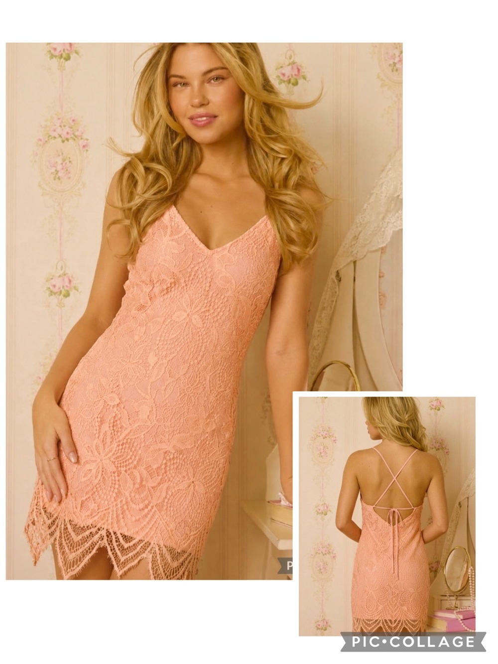 Lush Lace Peach Strappy Back Mini Sheath Dress NWT S Coquette Cocktail